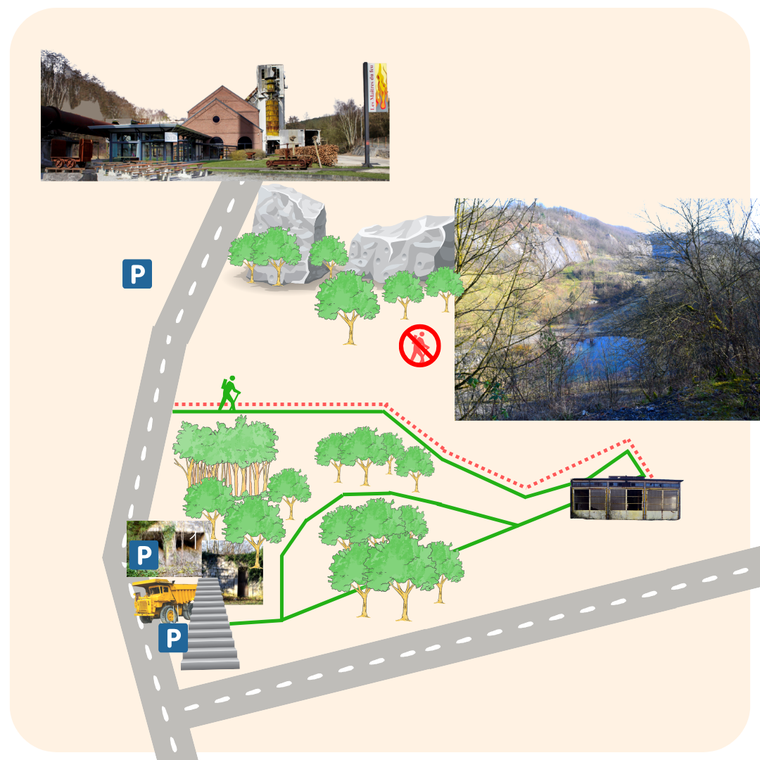 Parcours pédestre à la carrière d'Ampsin, passant par les garages, les anciens fours, la poudrerie et le camion Dumper
