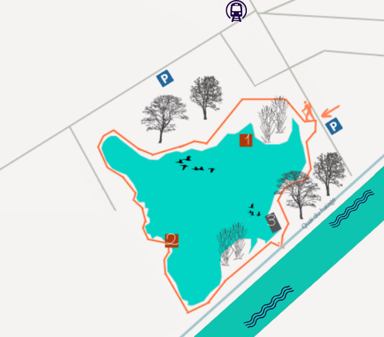 1 : zone de repos pour oiseaux, 2 : observatoire, 3 : hôtel à hirondelles de rivages